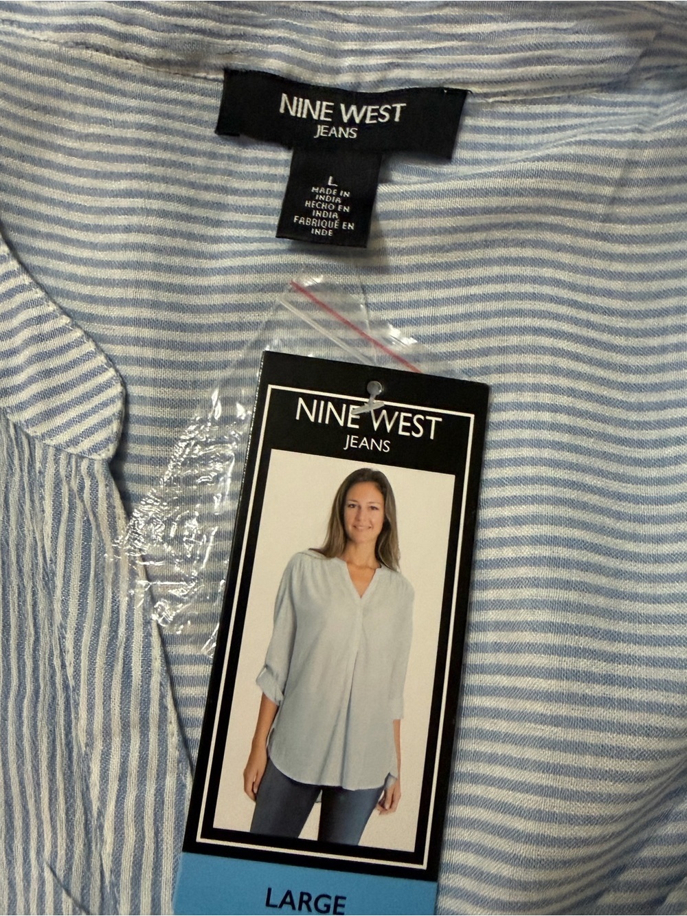 Nine West Light Blue & White Striped Casual Button-Front Shirt - Picture 8 of 10